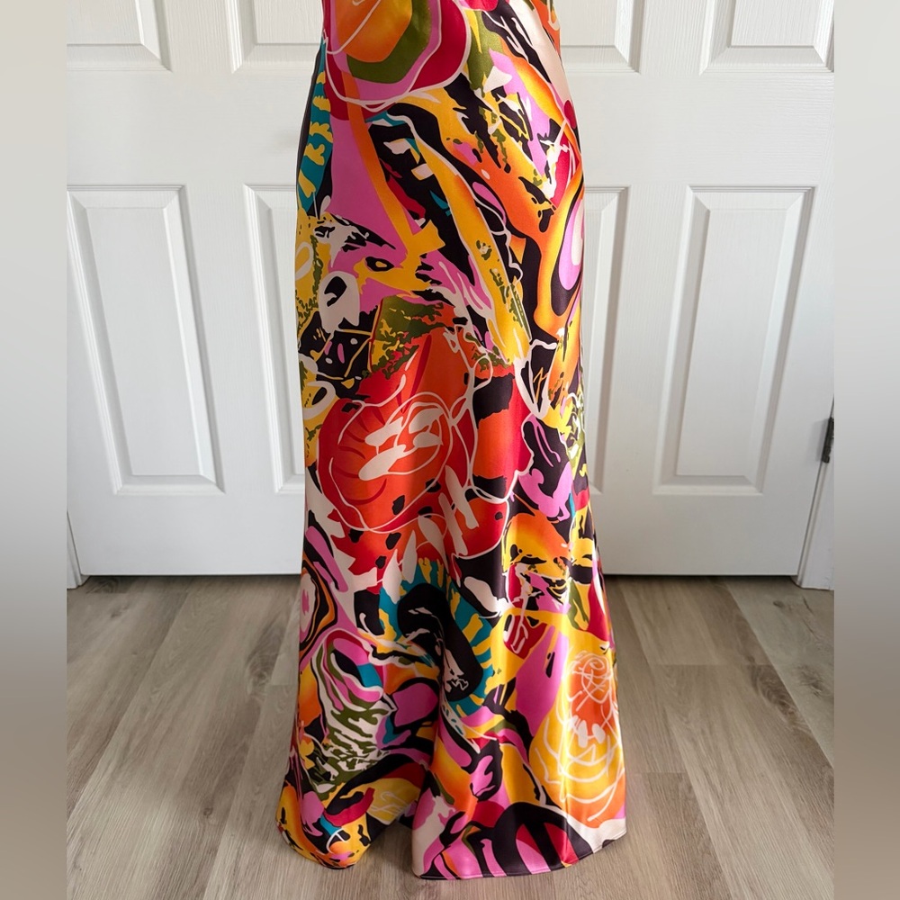 Faviana Couture Colorful Embellished Long Satin Maxi Dress Formal Gown Size 12 - Picture 4 of 16